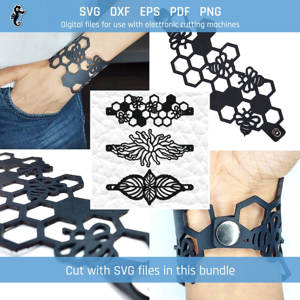 Bracelet SVG - Bumblebee SVG bracelet bundle 2 3 bumblebee bracelet SVG cut file designs featuring a bumblebee honeycomb design, a leaf design, and a sea anemone design.